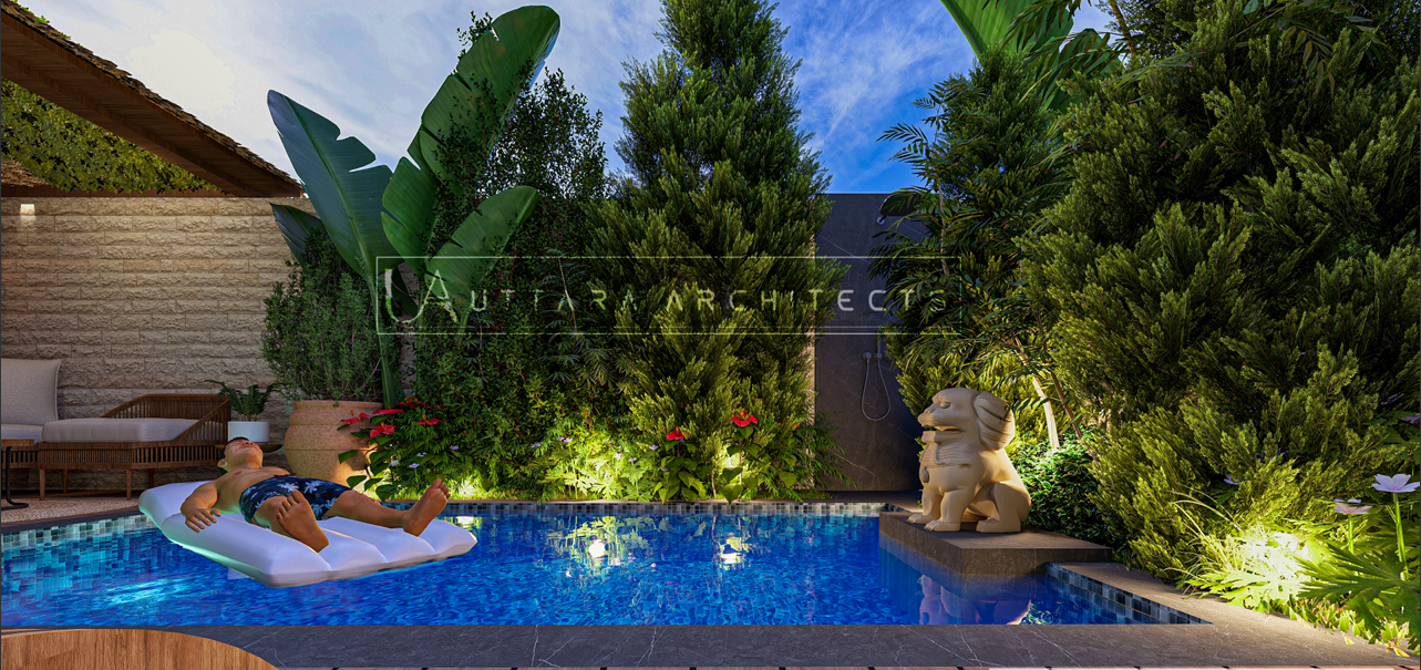 Luxury bathroom with glass partition and garden view
